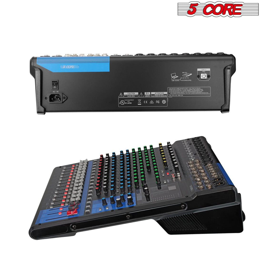 5Core Audio DJ Mixer 16 Channel Sound Board Console w 24 SPX Effect 48V Phantom Power