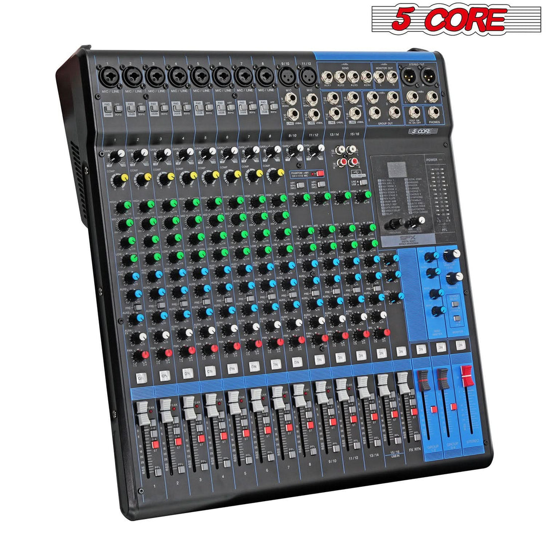 5Core Audio DJ Mixer 16 Channel Sound Board Console w 24 SPX Effect 48V Phantom Power