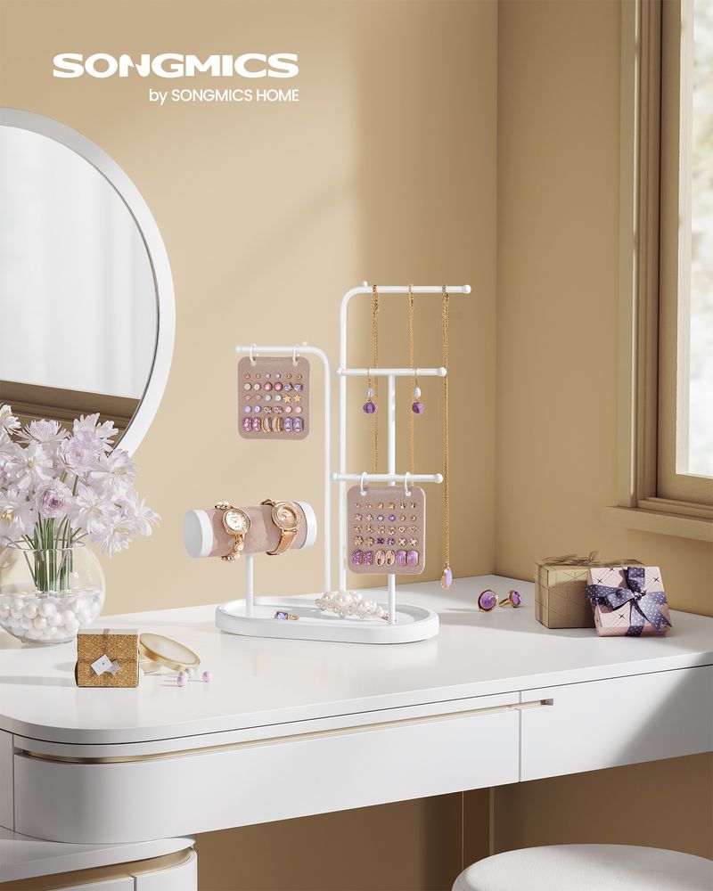 SONGMICS Jewelry Stand with Metal Frame, 2 Earring Boards, 4 Hanging Rods 