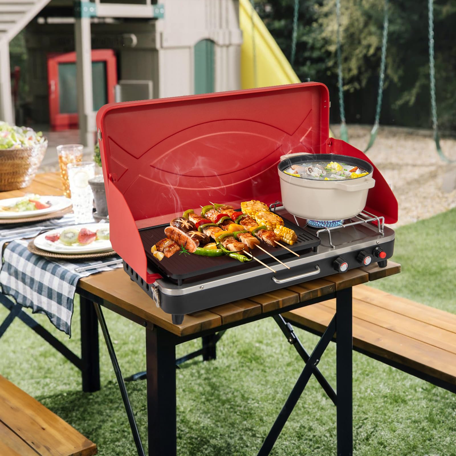 Giantex 2-in-1 Gas Camping Grill and Stove, 20,000 BTUs Portable Propane Grill Burner