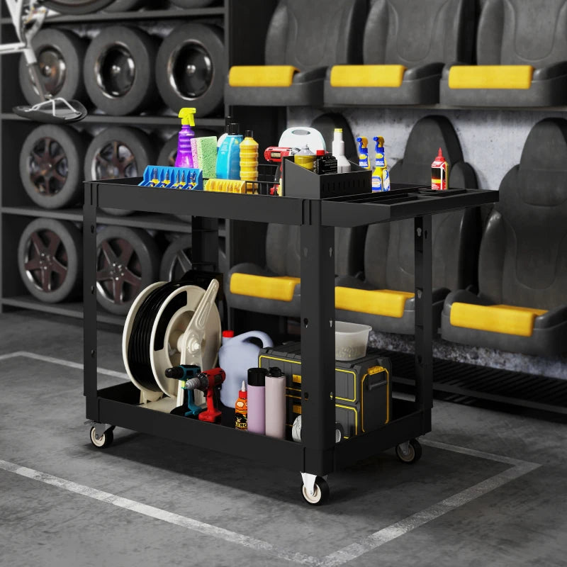 2-Tier Rolling Tool Cart with Wheels, 500 LBS Capacity Plastic Utility Cart with Handle for Garage, Warehouse, Black