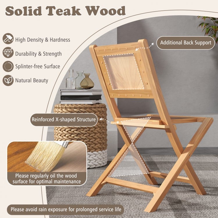 2 Pieces Teak Wood Outdoor Dining Chairs with Slatted Sea