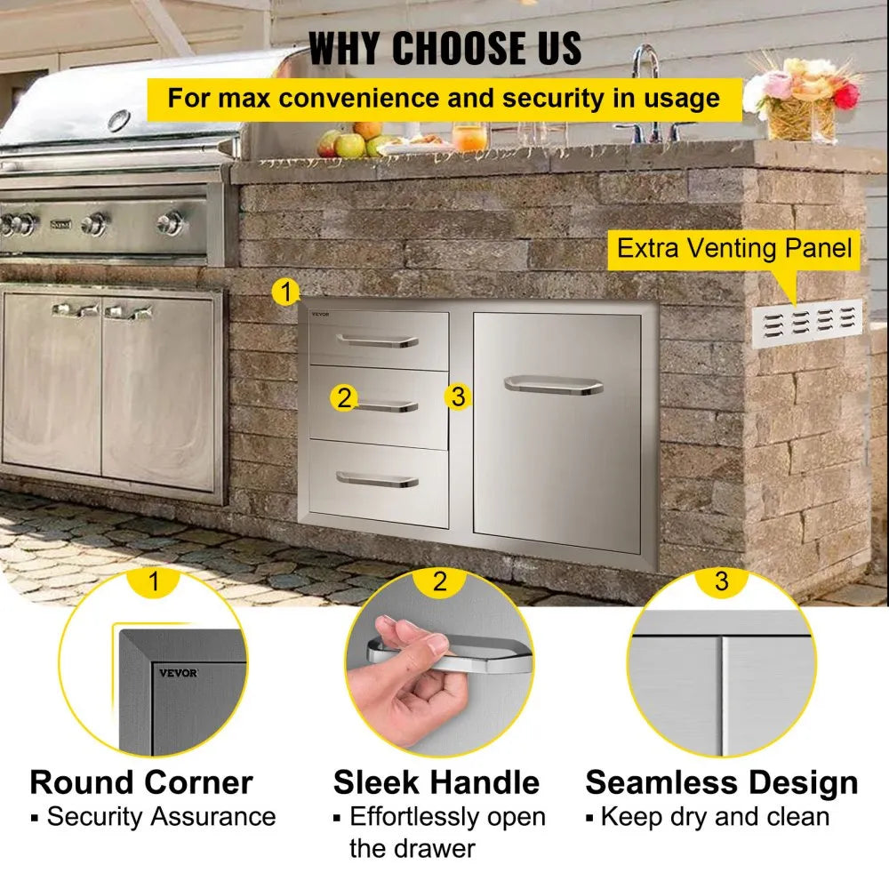 VEVOR Outdoor Kitchen Door Drawer Combo 29.5\" W x 22.6\" H x 21.7\'\'D, Access Door/Triple Drawers with Propane Drawer and Adjustable Garbage Ring, Perfect for BBQ Island Patio Grill Station