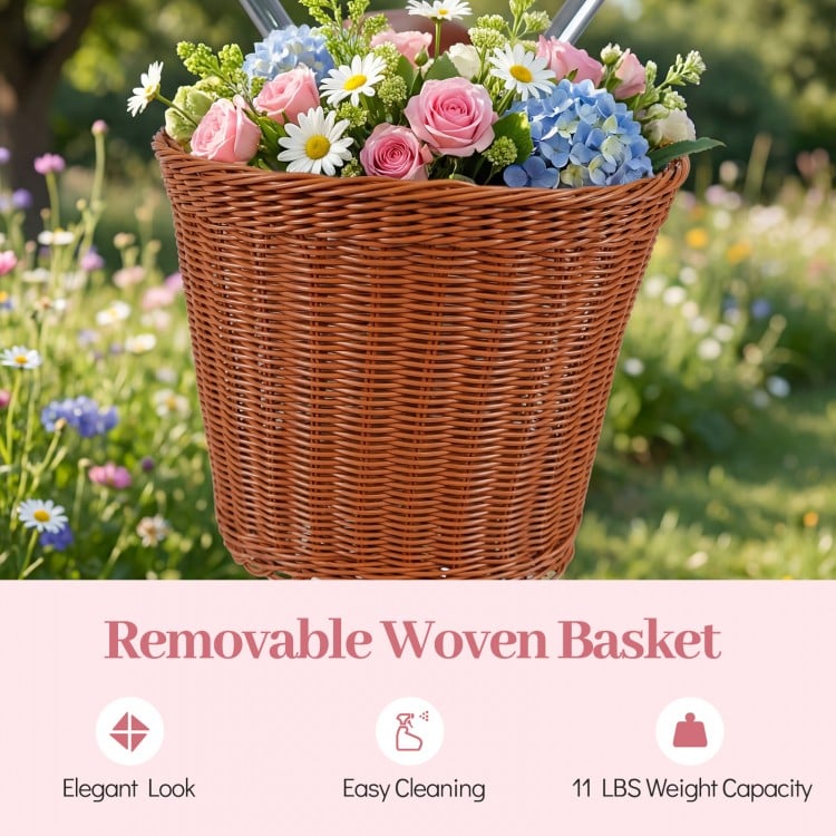 24-Inch Beach Cruiser Bike for Women with Woven Basket and Rear Rack - Pink
