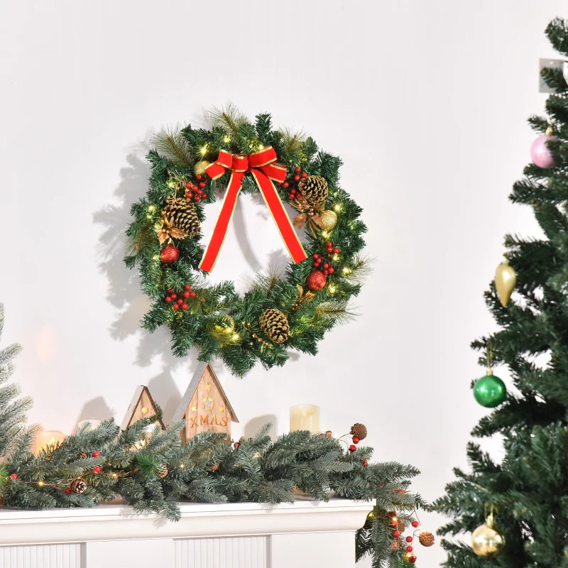 HOMCOM 24" Pre-Lit Artificial Christmas Wreath – Green Spruce with Cones, Red Berries & 20 LED Lights, Battery Operated 