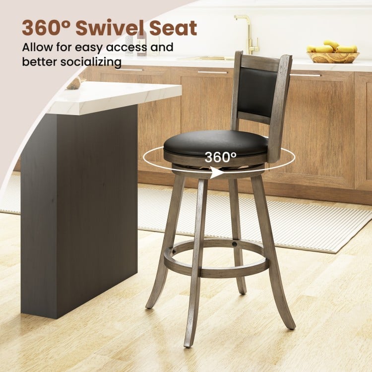 2 Pieces 29 Inch Wooden Swivel Height Bar Stool with PVC Cushioned Seat-Gray