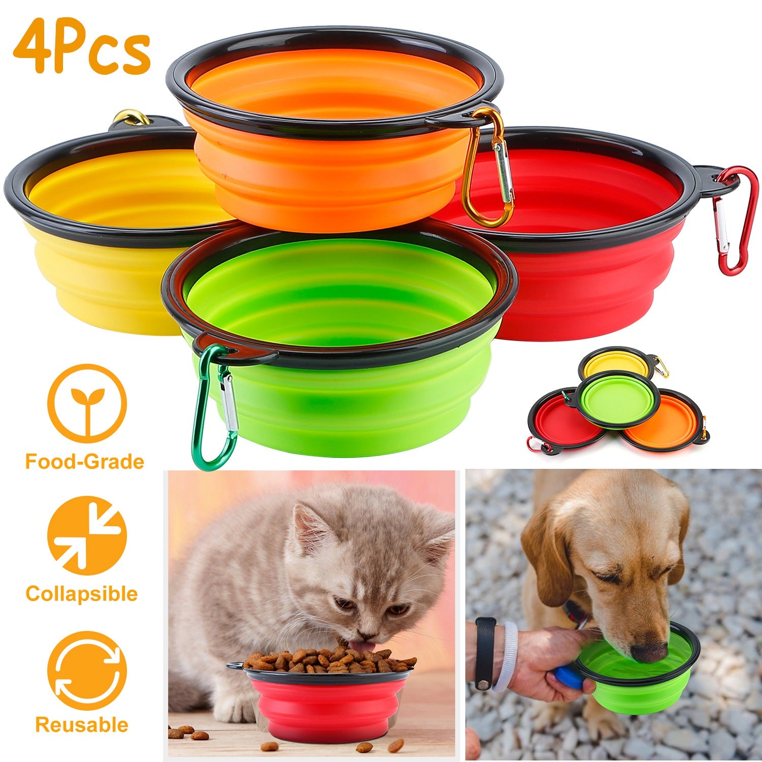 4Pcs Silicone Collapsible Dog Bowls BPA Free Travel Dog Bowl Foldable Cat Dog Food Water Bowl w/ Carabiner Clip For Traveling Walking Hiking