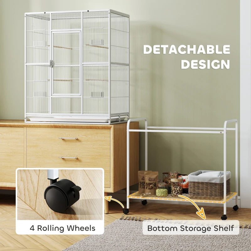 64" Large Rolling Bird Cage Bird House with Detachable Rolling Stand, Storage Shelf, Wood Perch Food Container, White