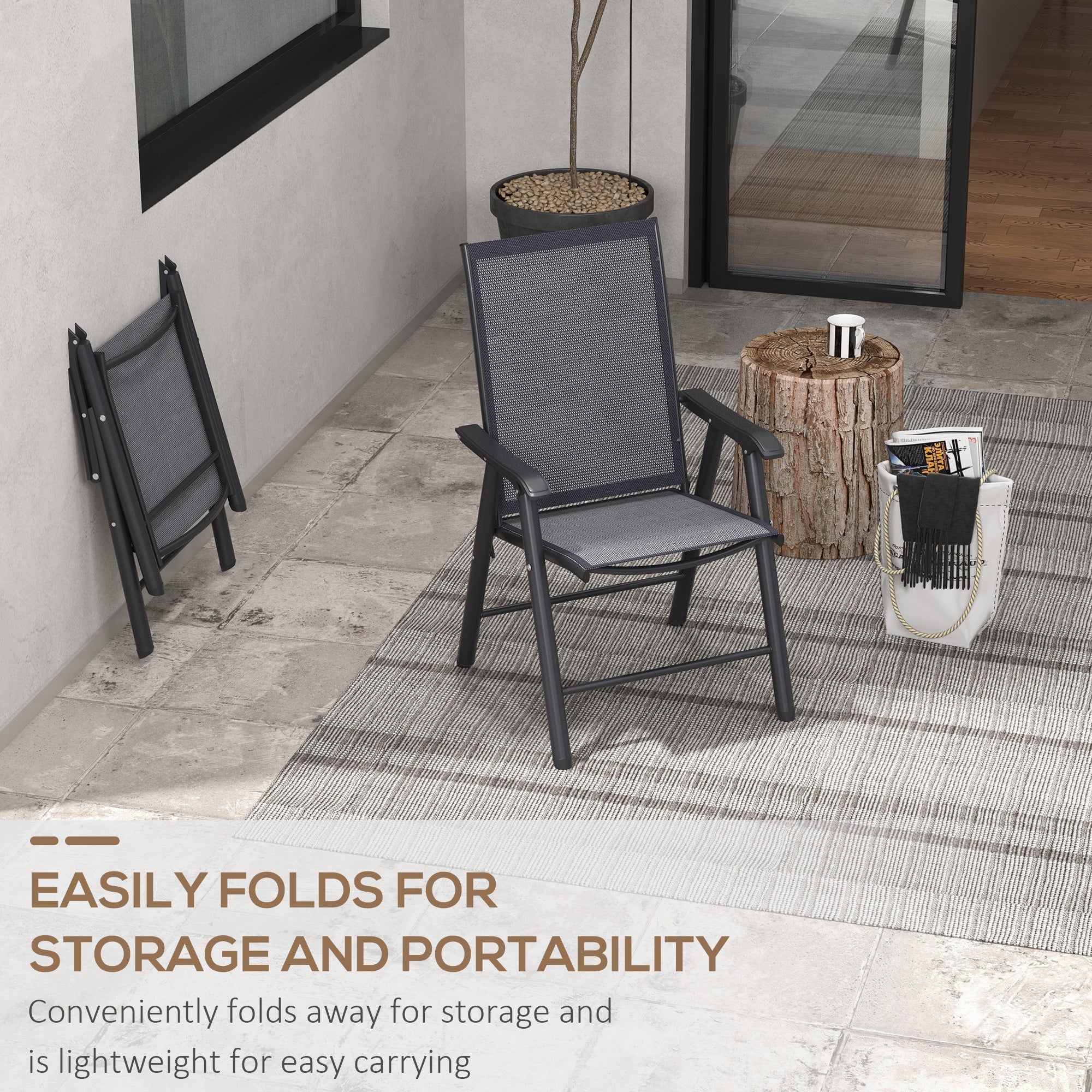 Outsunny 2-Piece Folding Chair Set for Relaxing on Patio Balcony Garden, Comfortable Outdoor Furniture with Armrests, Dark Grey 