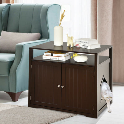 Wooden Cat Litter Box Enclosure Hidden Cat Washroom with Storage Layer-Brown 