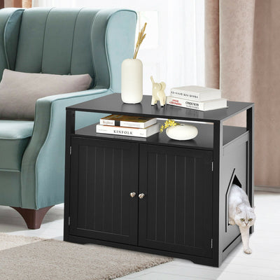 Wooden Cat Litter Box Enclosure Hidden Cat Washroom with Storage Layer-Black 