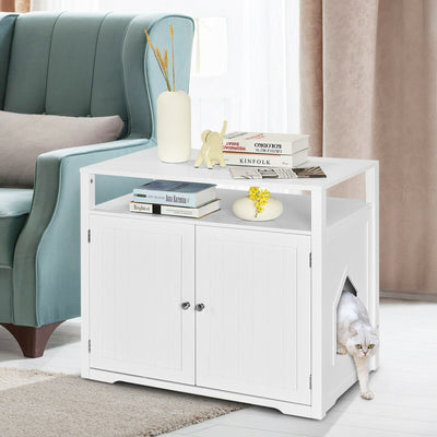 Wooden Cat Litter Box Enclosure Hidden Cat Washroom with Storage Layer-White 