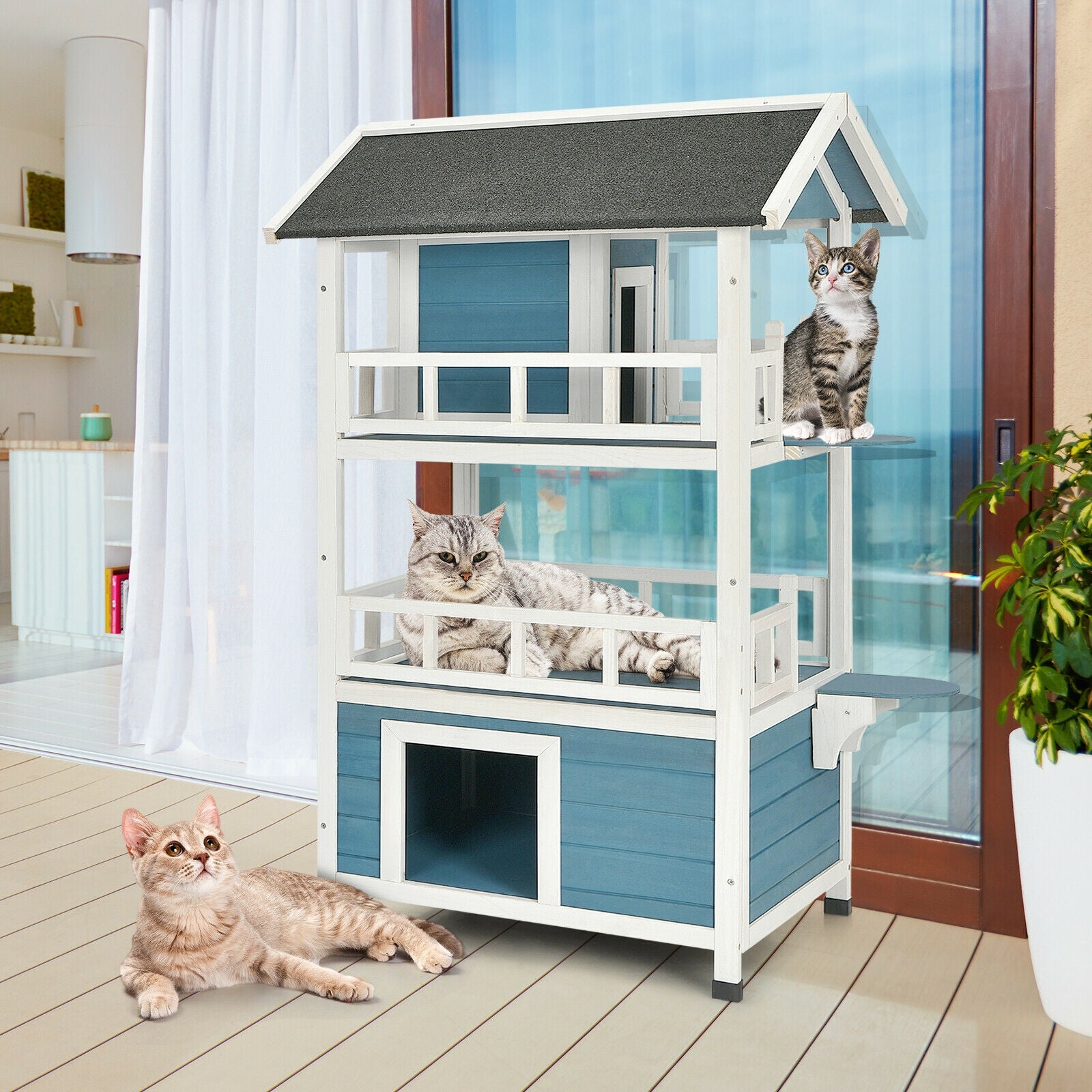 2-Story Outdoor Wooden Catio Cat House Shelter with Enclosure