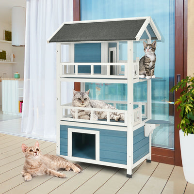 2-Story Outdoor Wooden Catio Cat House Shelter with Enclosure 