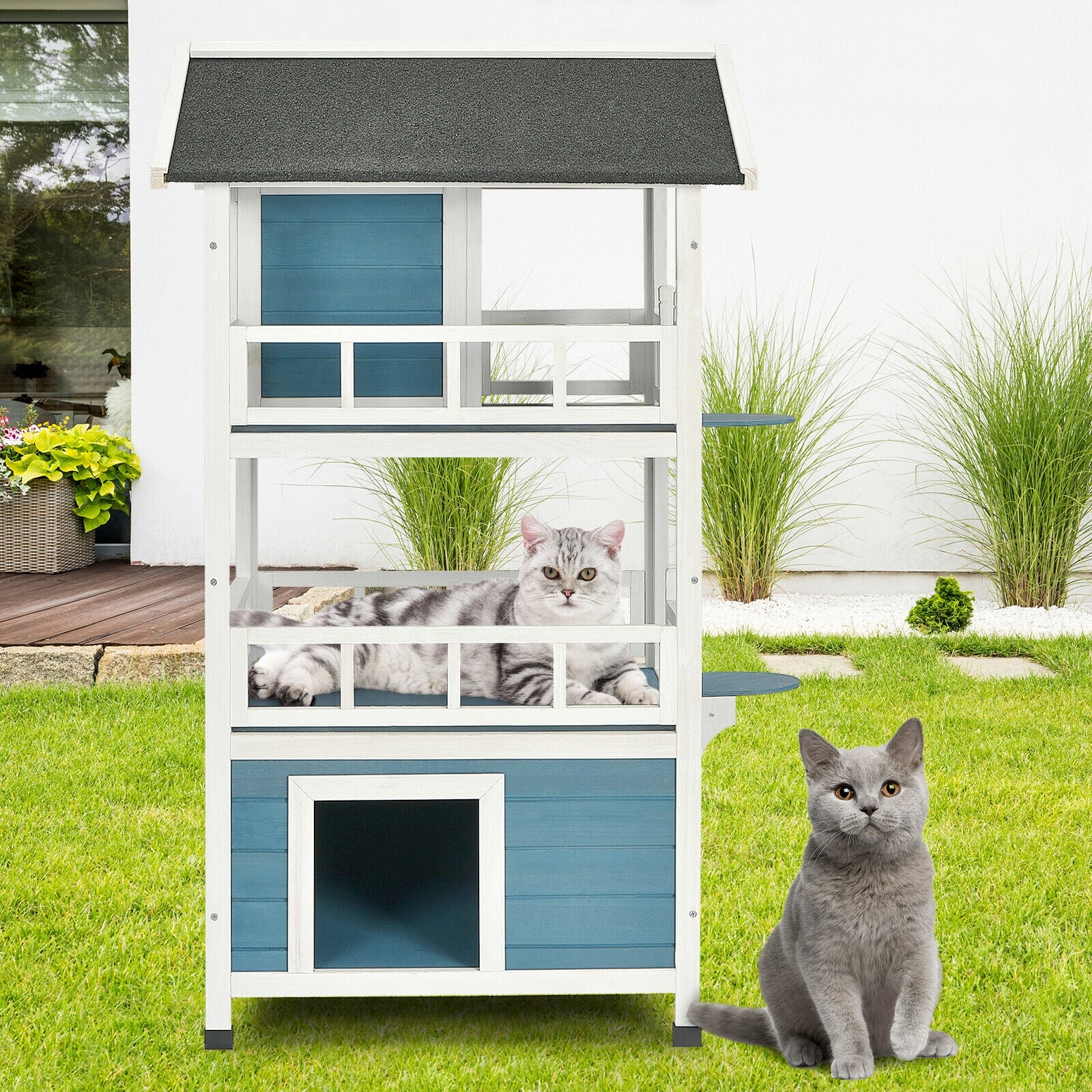 2-Story Outdoor Wooden Catio Cat House Shelter with Enclosure