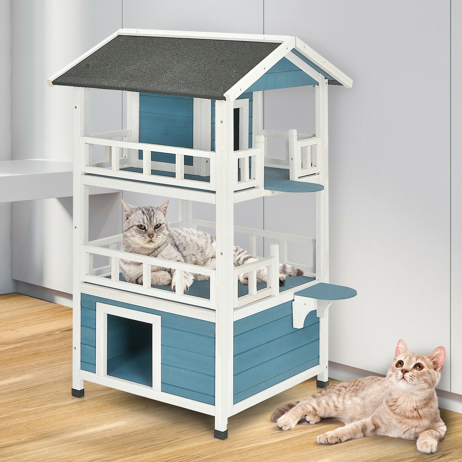 2-Story Outdoor Wooden Catio Cat House Shelter with Enclosure