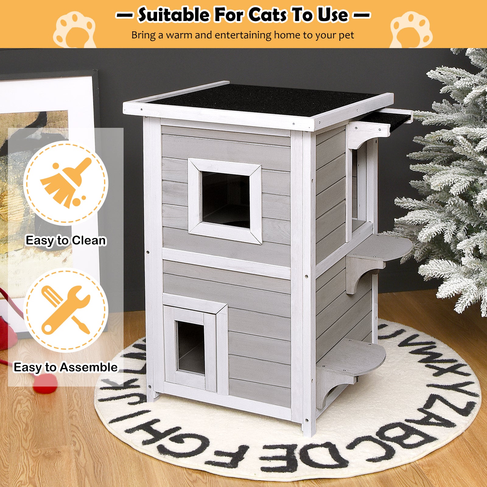 2-Story Wooden Cat House with Escape Door Rainproof