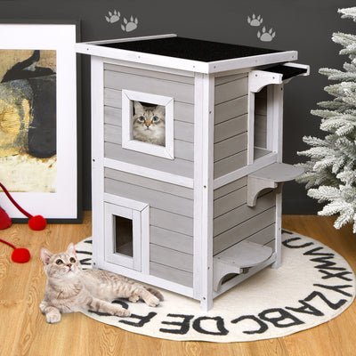 2-Story Wooden Cat House with Escape Door Rainproof 