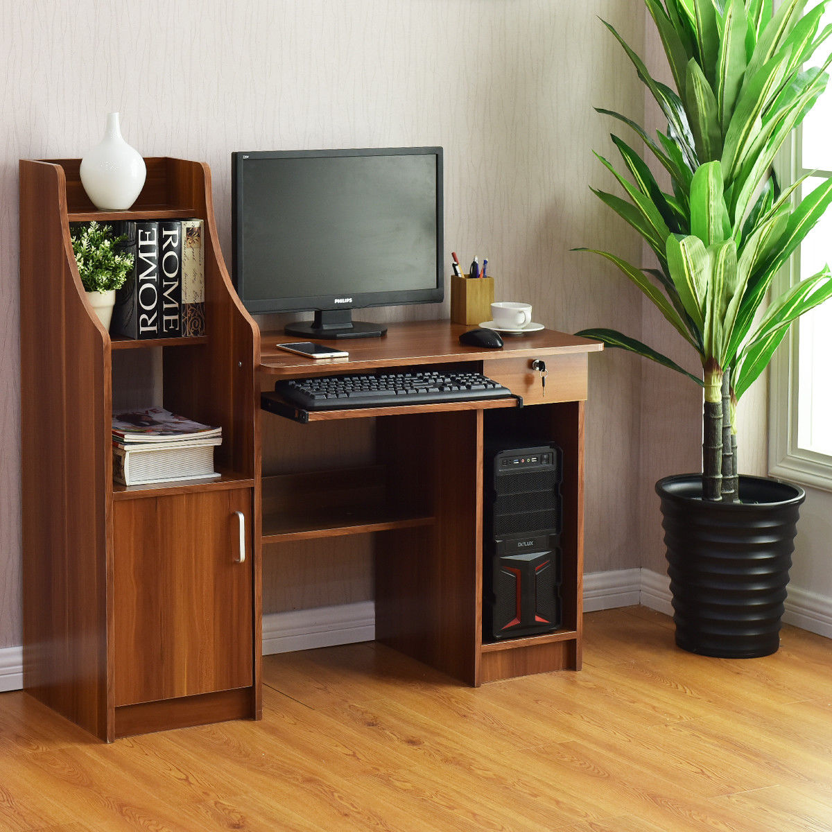 Wooden Computer Desk with Storage Cabinet and Drawer