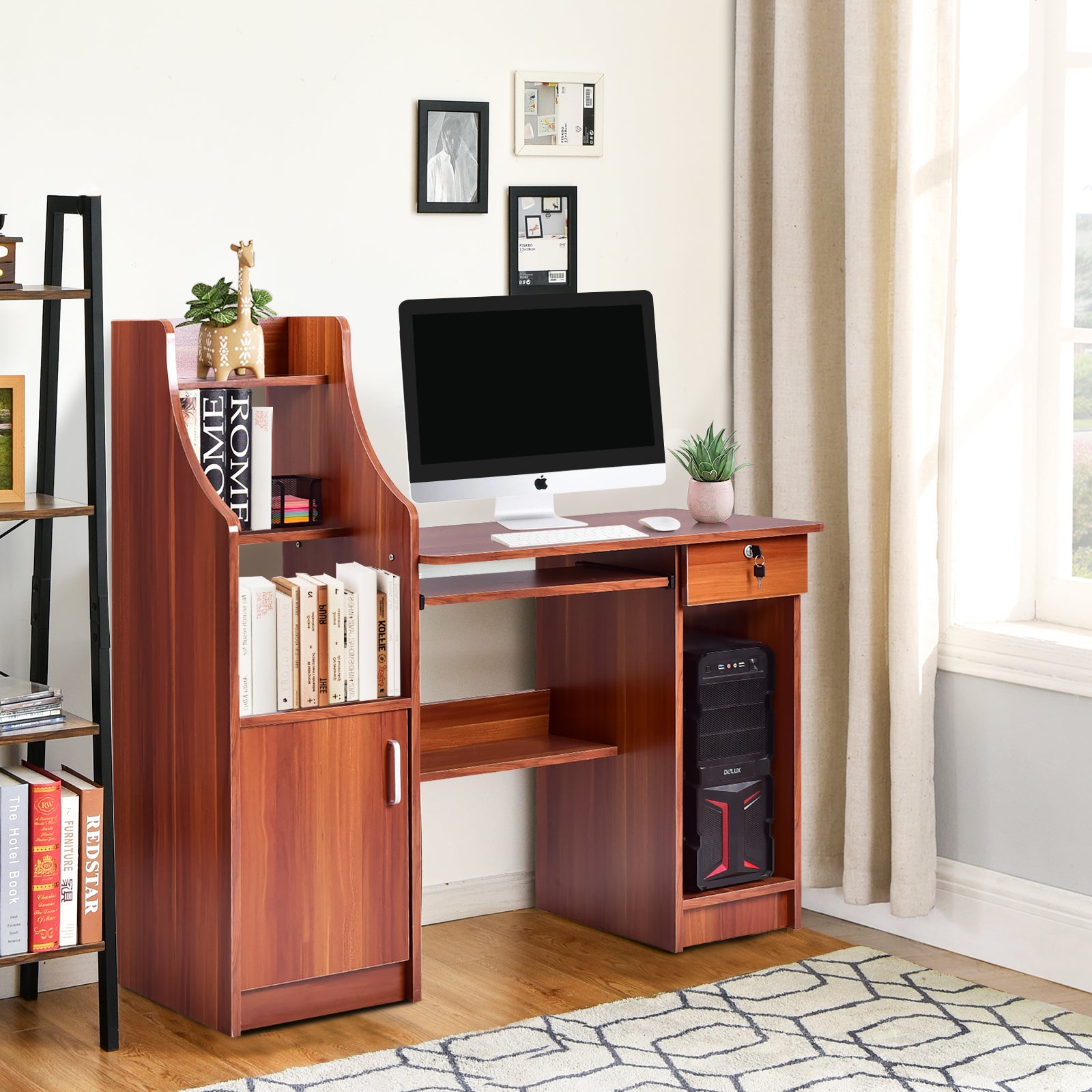 Wooden Computer Desk with Storage Cabinet and Drawer