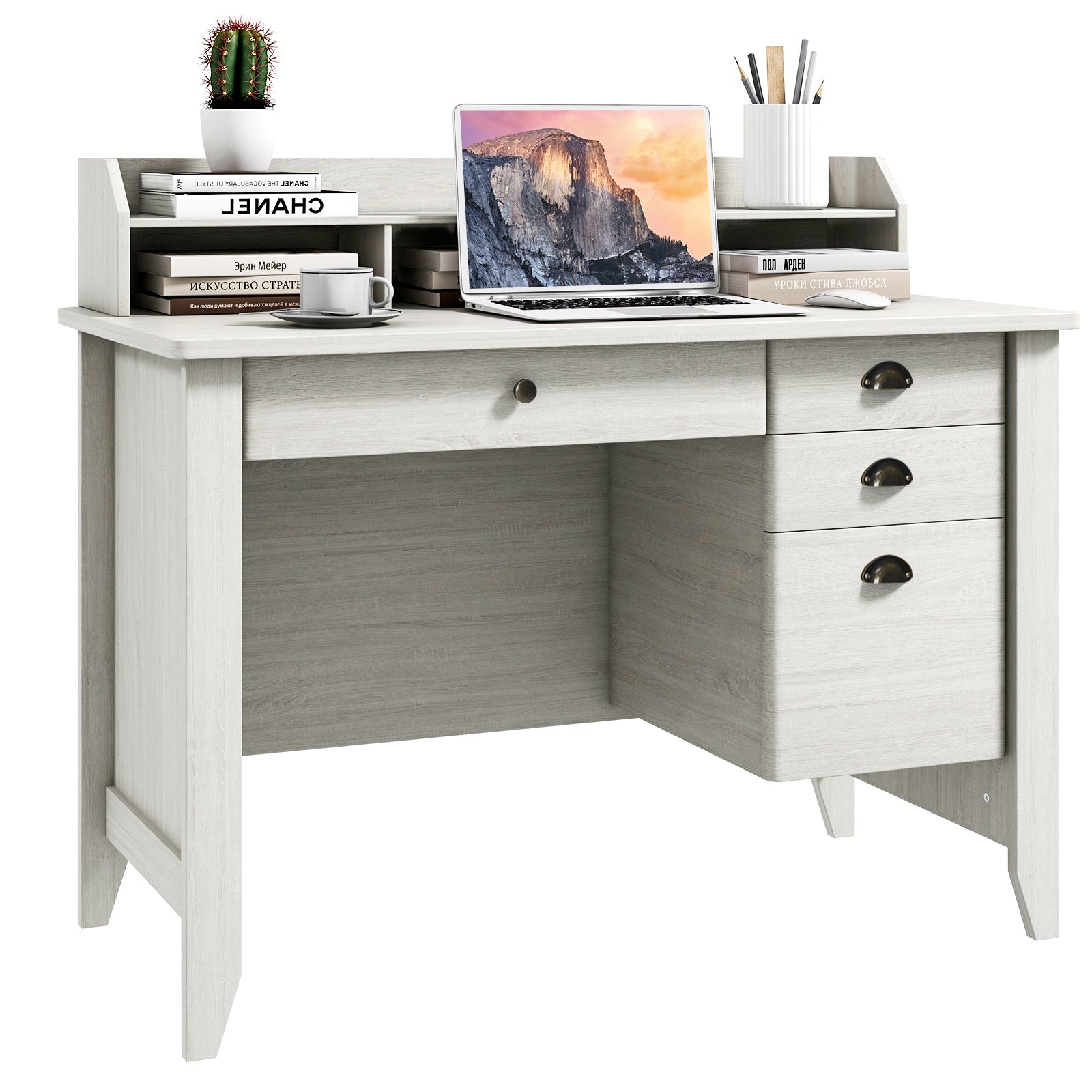 Vintage Computer Desk with Storage Shelves and 4 Drawers-White 