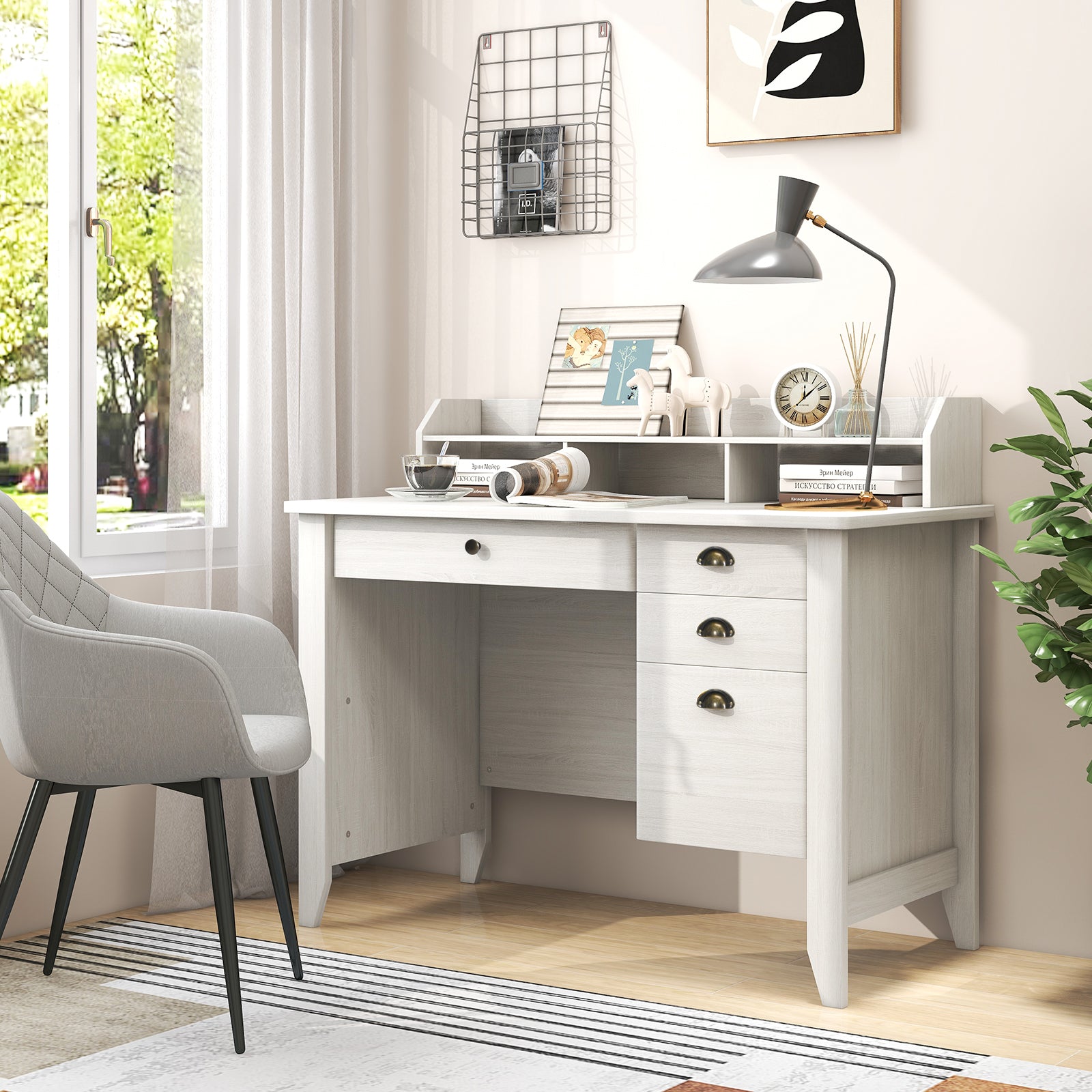 Vintage Computer Desk with Storage Shelves and 4 Drawers-White