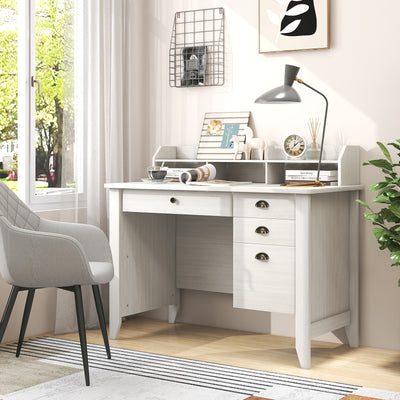 Vintage Computer Desk with Storage Shelves and 4 Drawers-White 