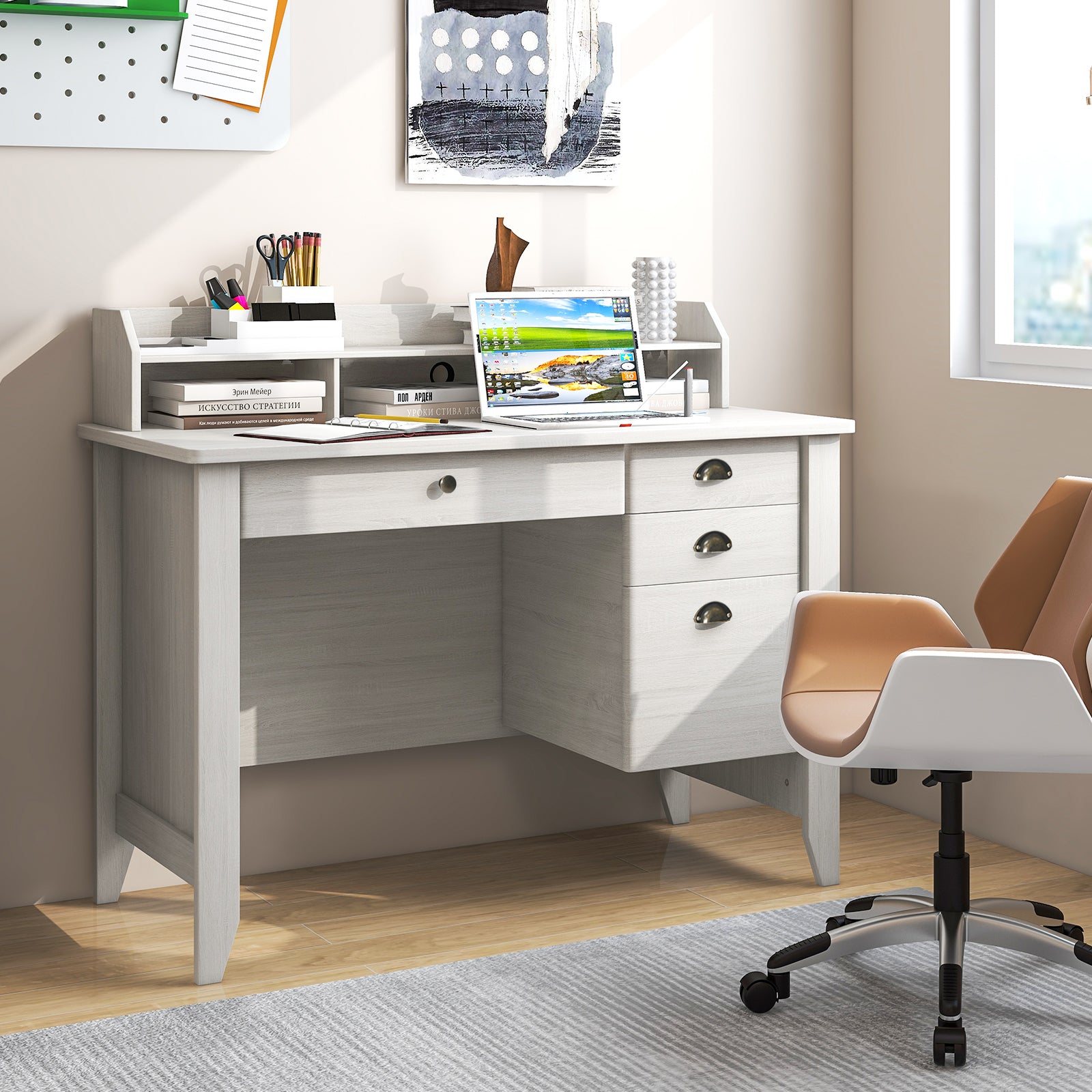 Vintage Computer Desk with Storage Shelves and 4 Drawers-White 