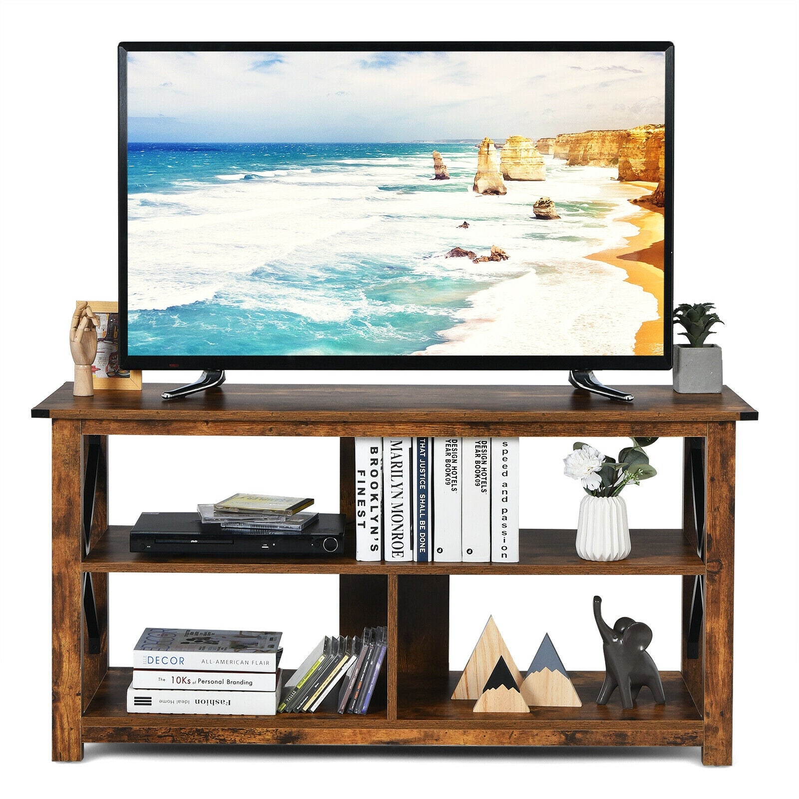 Modern Farmhouse TV Stand Entertainment Center for TV's up to 55-Inch with Open Shelves-Brown