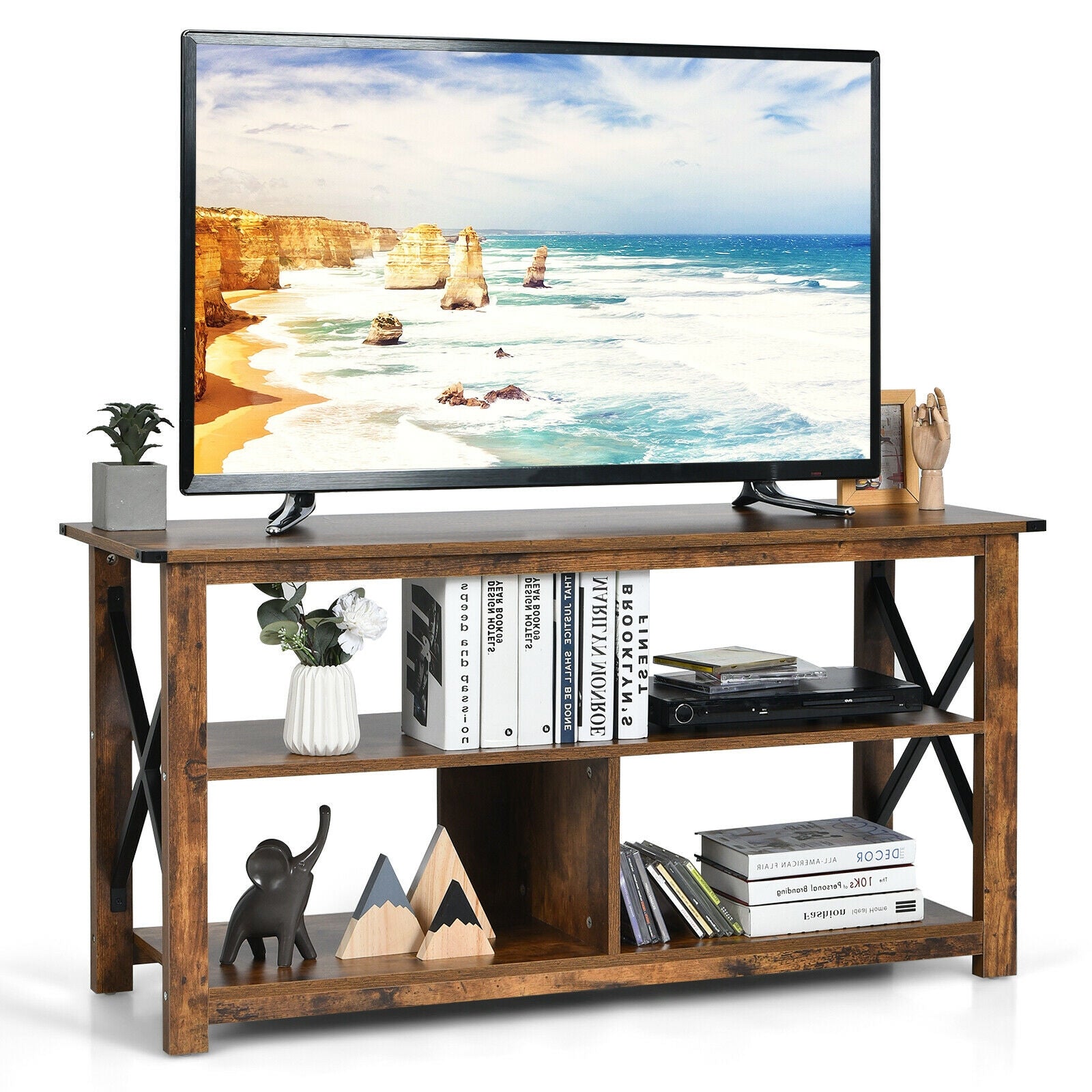 Modern Farmhouse TV Stand Entertainment Center for TV's up to 55-Inch with Open Shelves-Brown