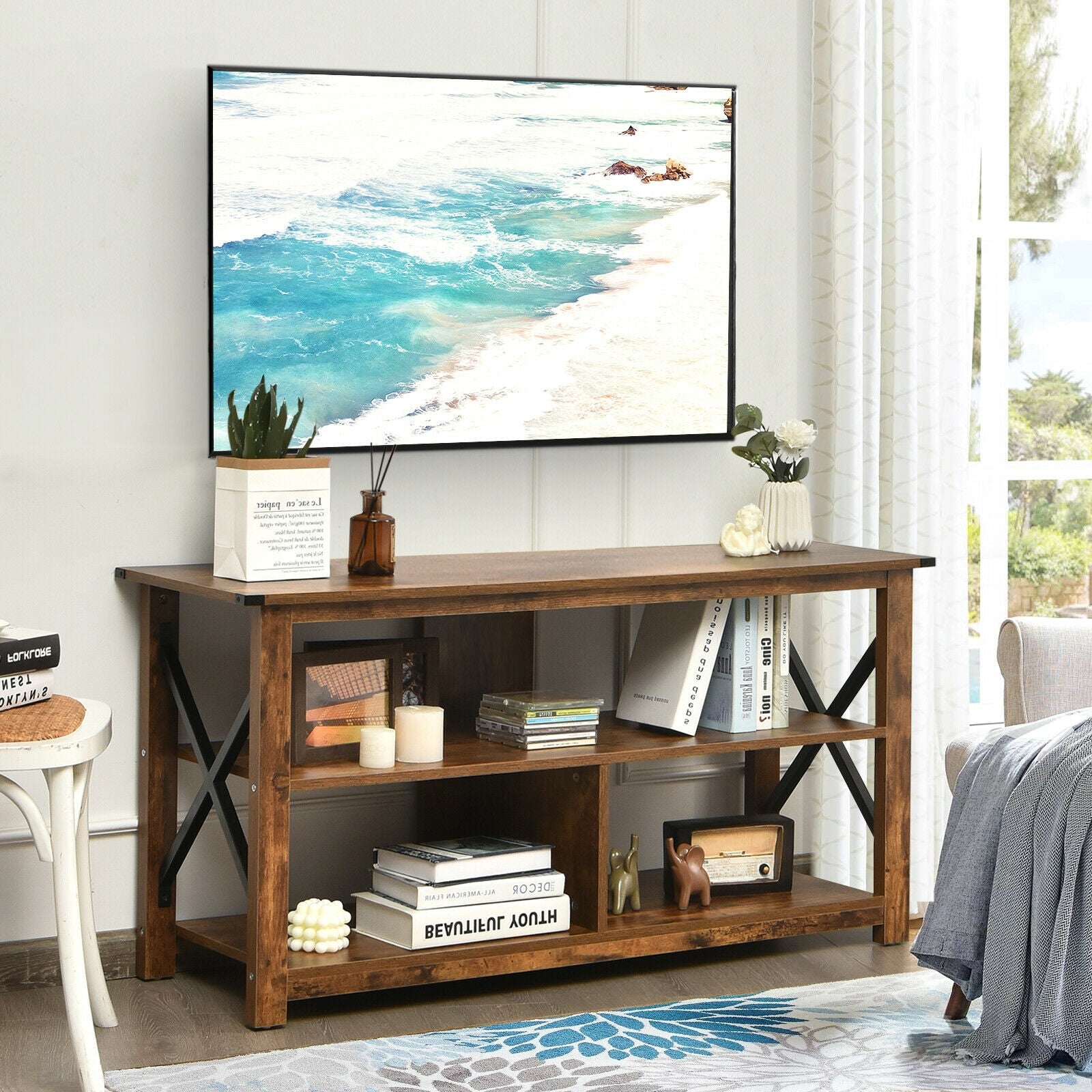 Modern Farmhouse TV Stand Entertainment Center for TV's up to 55-Inch with Open Shelves-Brown