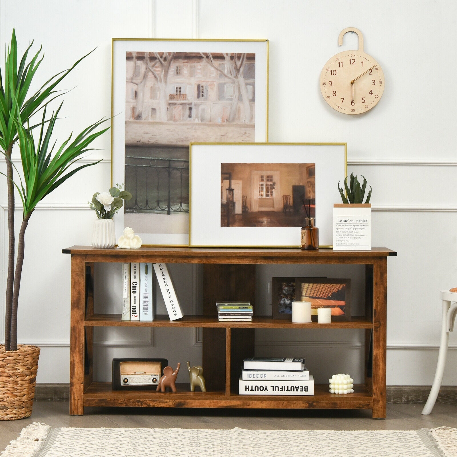 Modern Farmhouse TV Stand Entertainment Center for TV's up to 55-Inch with Open Shelves-Brown