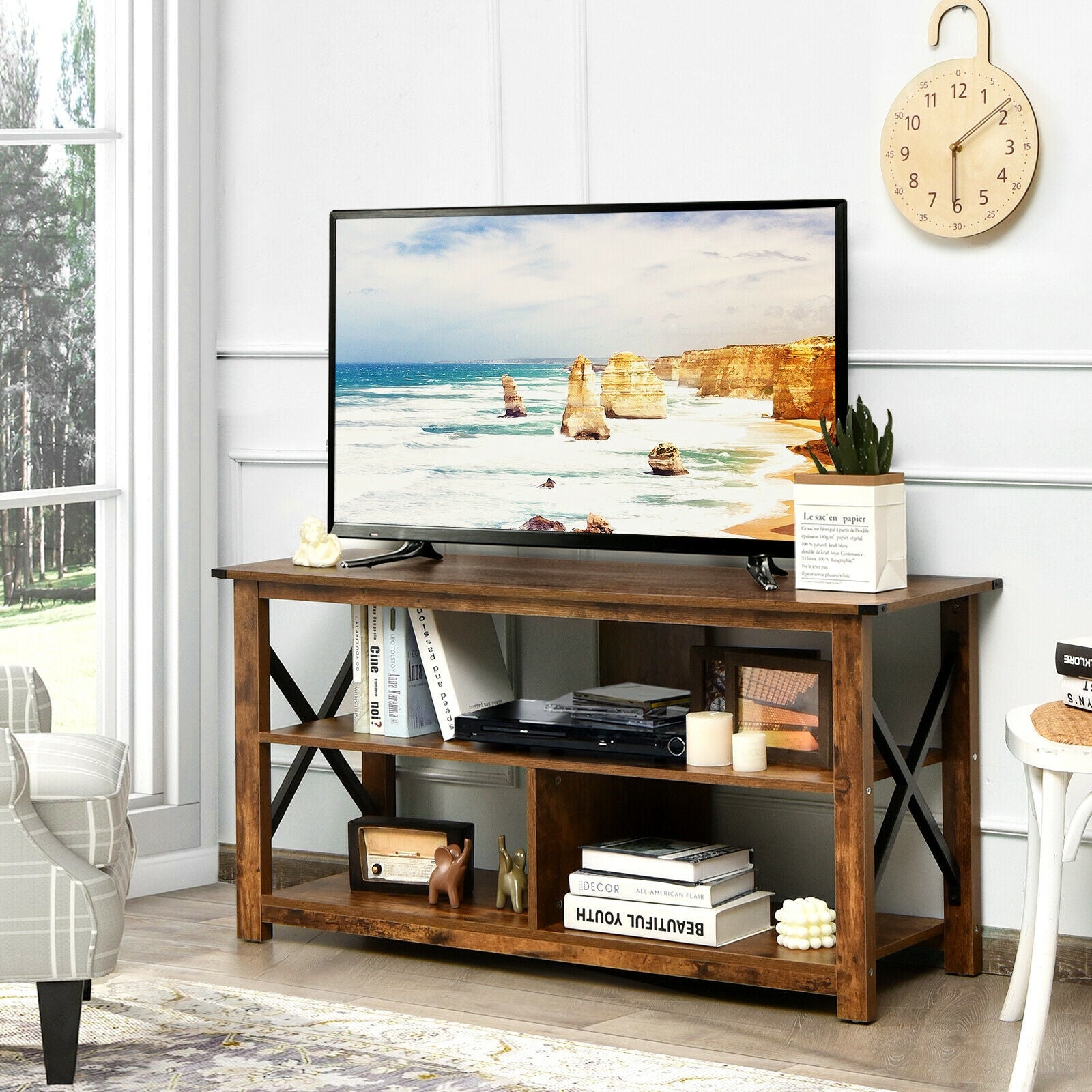 Modern Farmhouse TV Stand Entertainment Center for TV's up to 55-Inch with Open Shelves-Brown