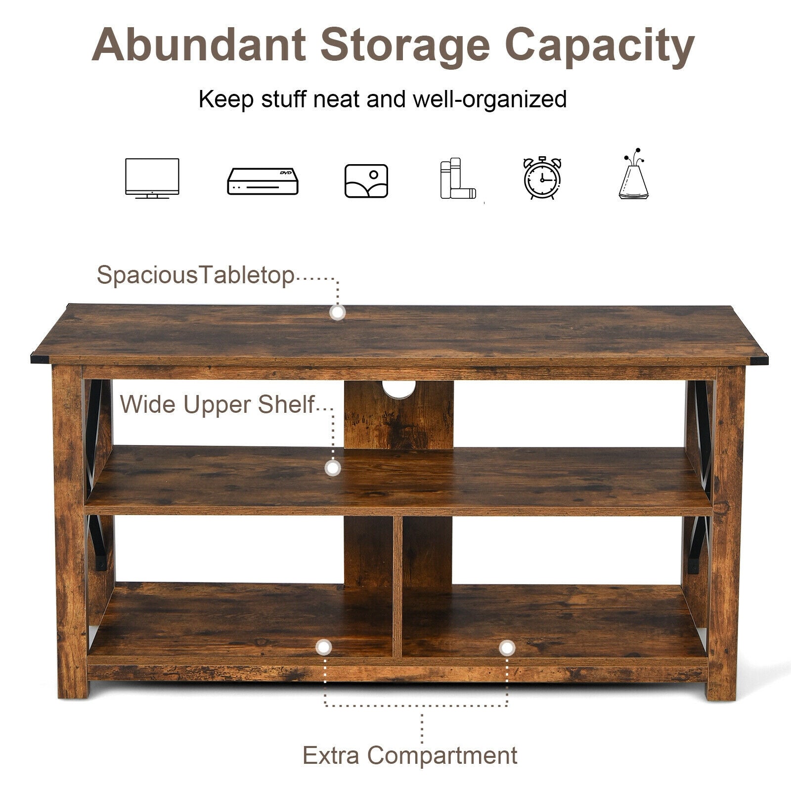 Modern Farmhouse TV Stand Entertainment Center for TV's up to 55-Inch with Open Shelves-Brown