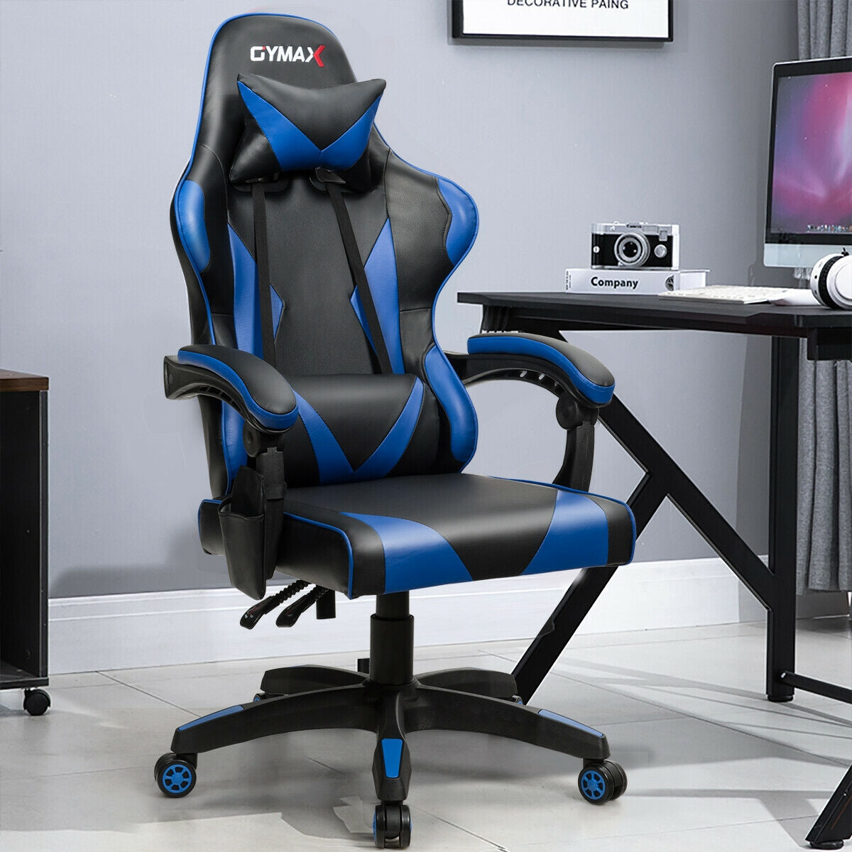 Gaming Chair Reclining Swivel with Massage Lumbar Support-Blue