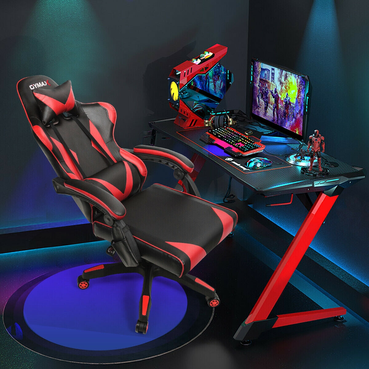 Gaming Chair Reclining Swivel with Massage Lumbar Support-Red