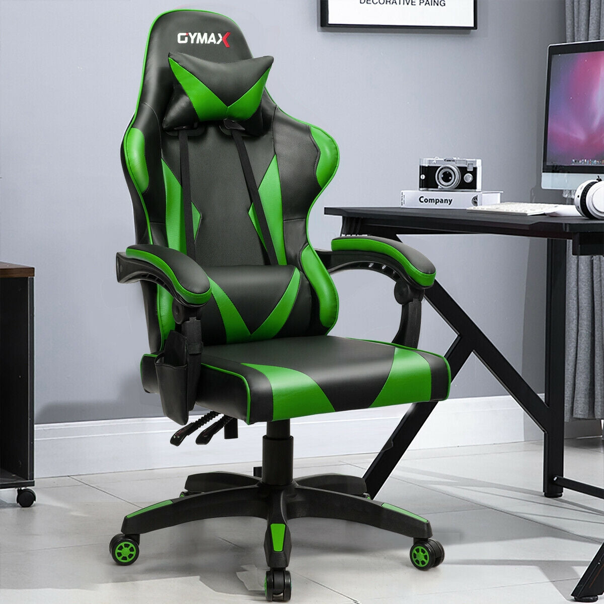 Gaming Chair Reclining Swivel with Massage Lumbar Support-GreenÂ 