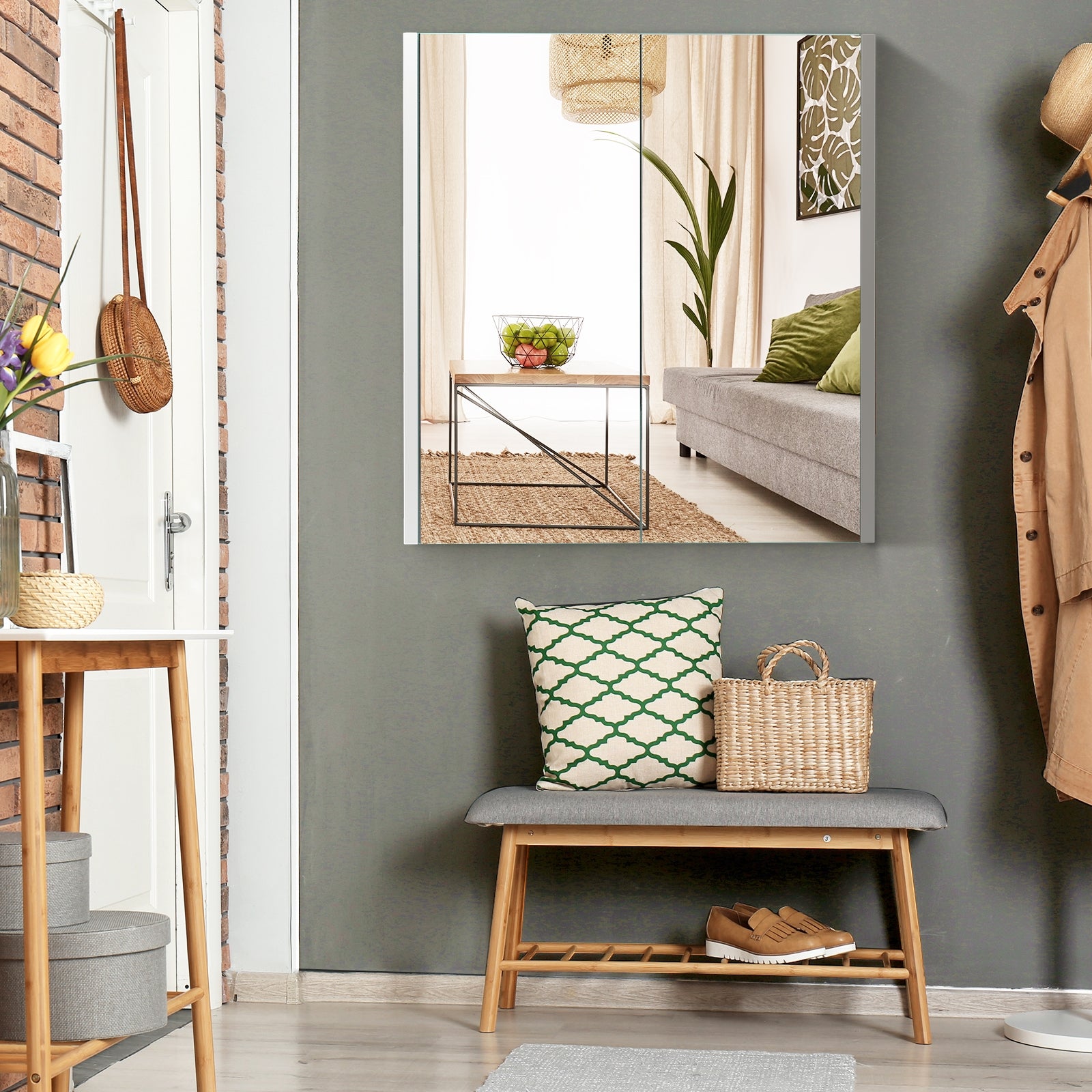 2-Tier Wall-Mounted Storage Cabinet with Double Mirror Doors