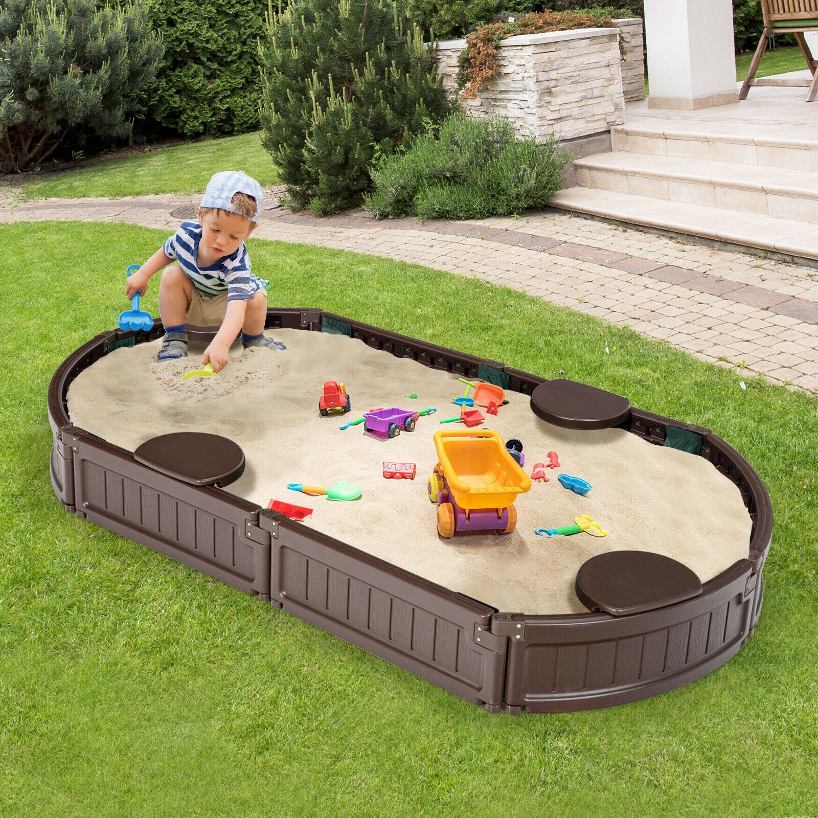 Sandbox with Built-in Corner Seat and Bottom Liner-Brown 