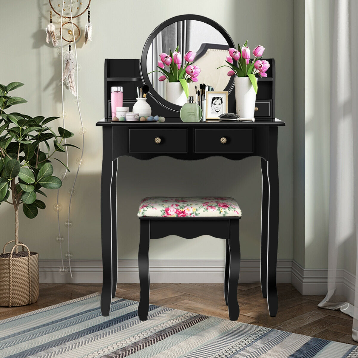 Makeup Vanity Table Set Girls Dressing Table with Drawers Oval Mirror-BlackÂ 