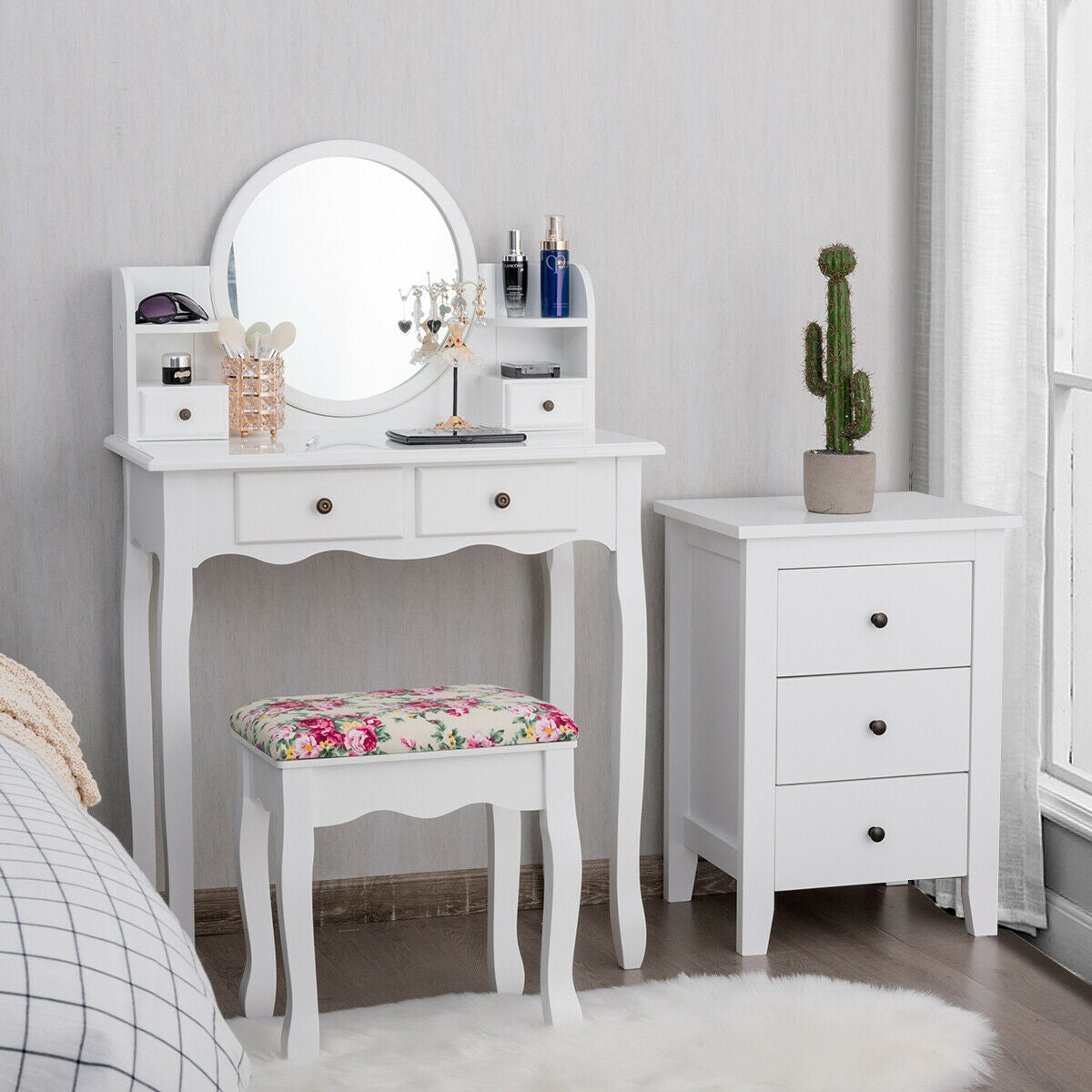 Makeup Vanity Table Set Girls Dressing Table with Drawers Oval Mirror-WhiteÂ 