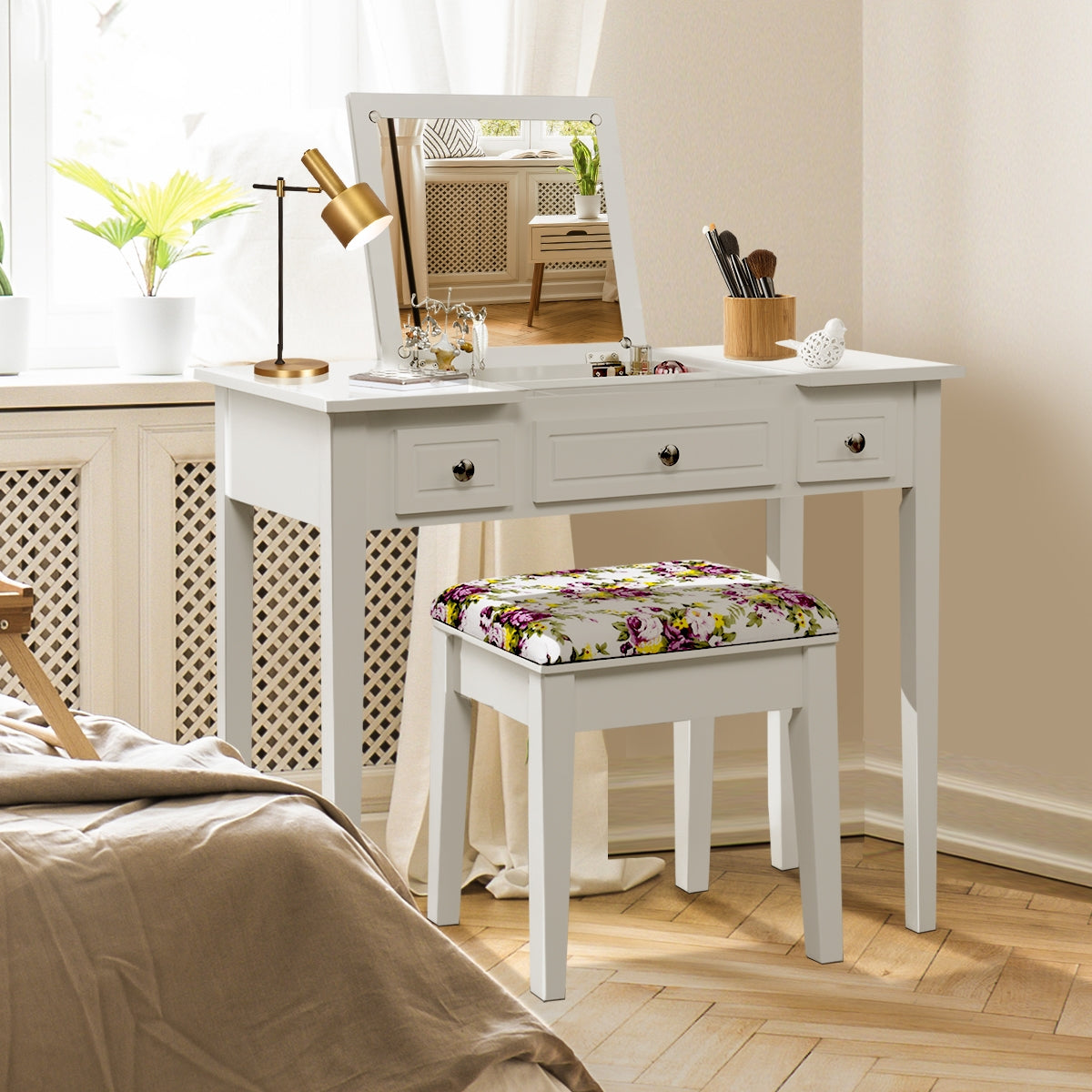 Vanity Dressing Table Set with Flip Top Mirror and 3 Drawers