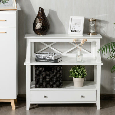 3-Tier Storage Rack End table Side Table with Slide Drawer -White 