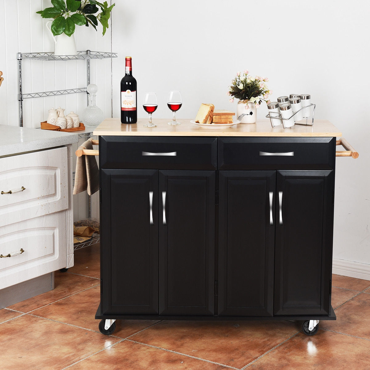 Wood Top Rolling Kitchen Trolley Island Cart Storage Cabinet-Black