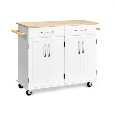 Wood Top Rolling Kitchen Trolley Island Cart Storage Cabinet-WhiteÂ 