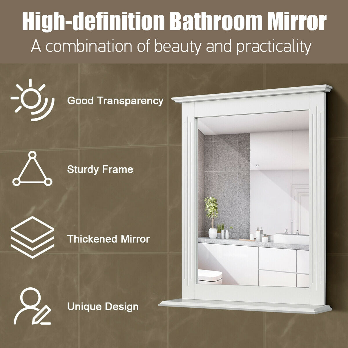 Wall-Mounted Multipurpose Vanity Mirror with Shelf-White