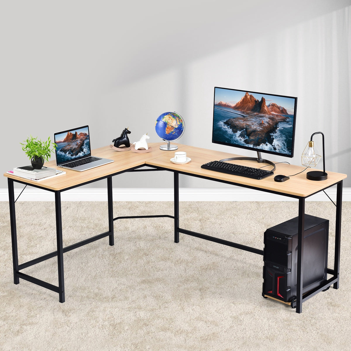 L Shaped Corner Computer Desk Laptop Gaming Table Workstation-NaturalÂ 