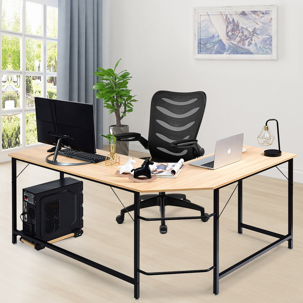 L Shaped Corner Computer Desk Laptop Gaming Table Workstation-Natural