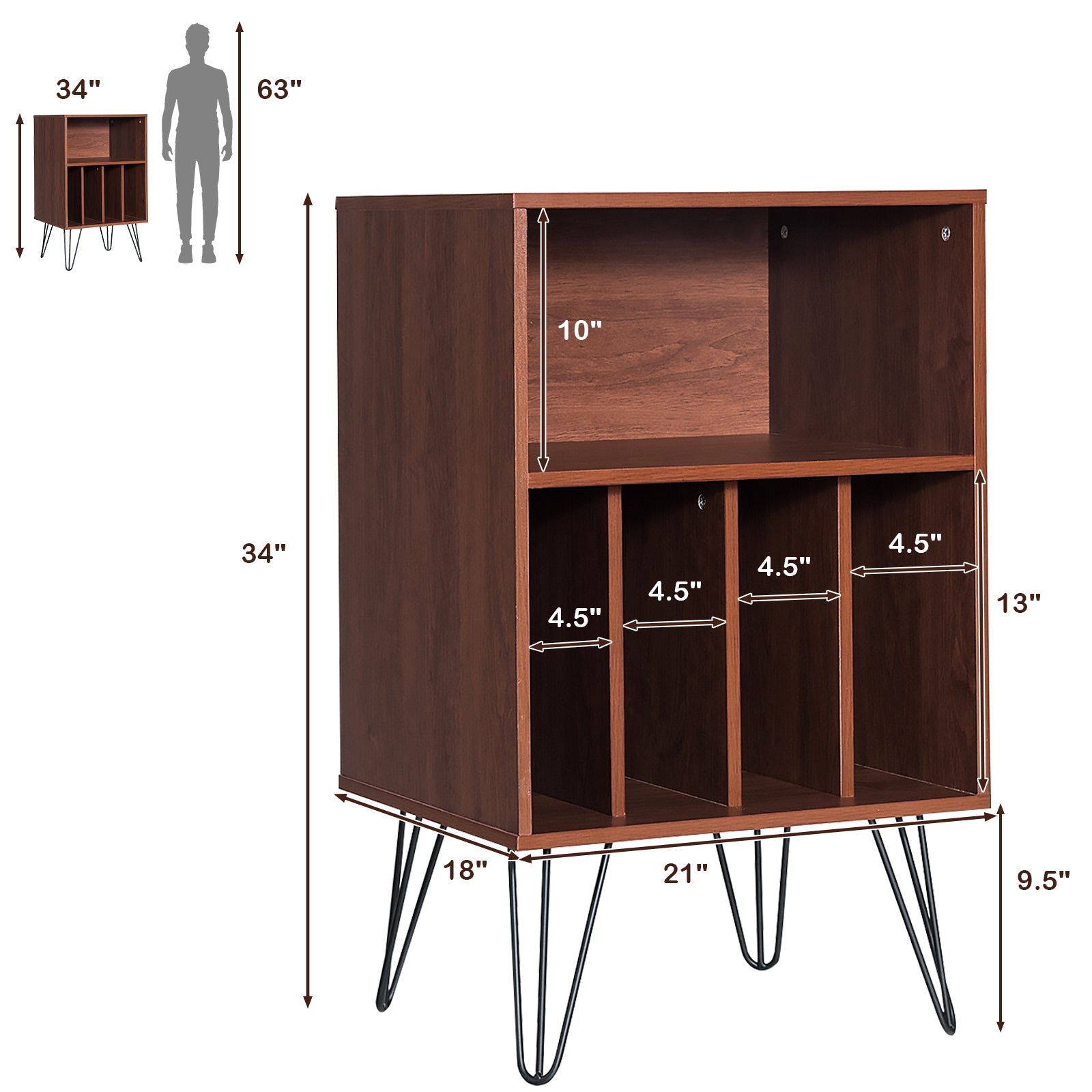 Freestanding Record Player Stand Record Storage Cabinet with Metal Legs-Coffee