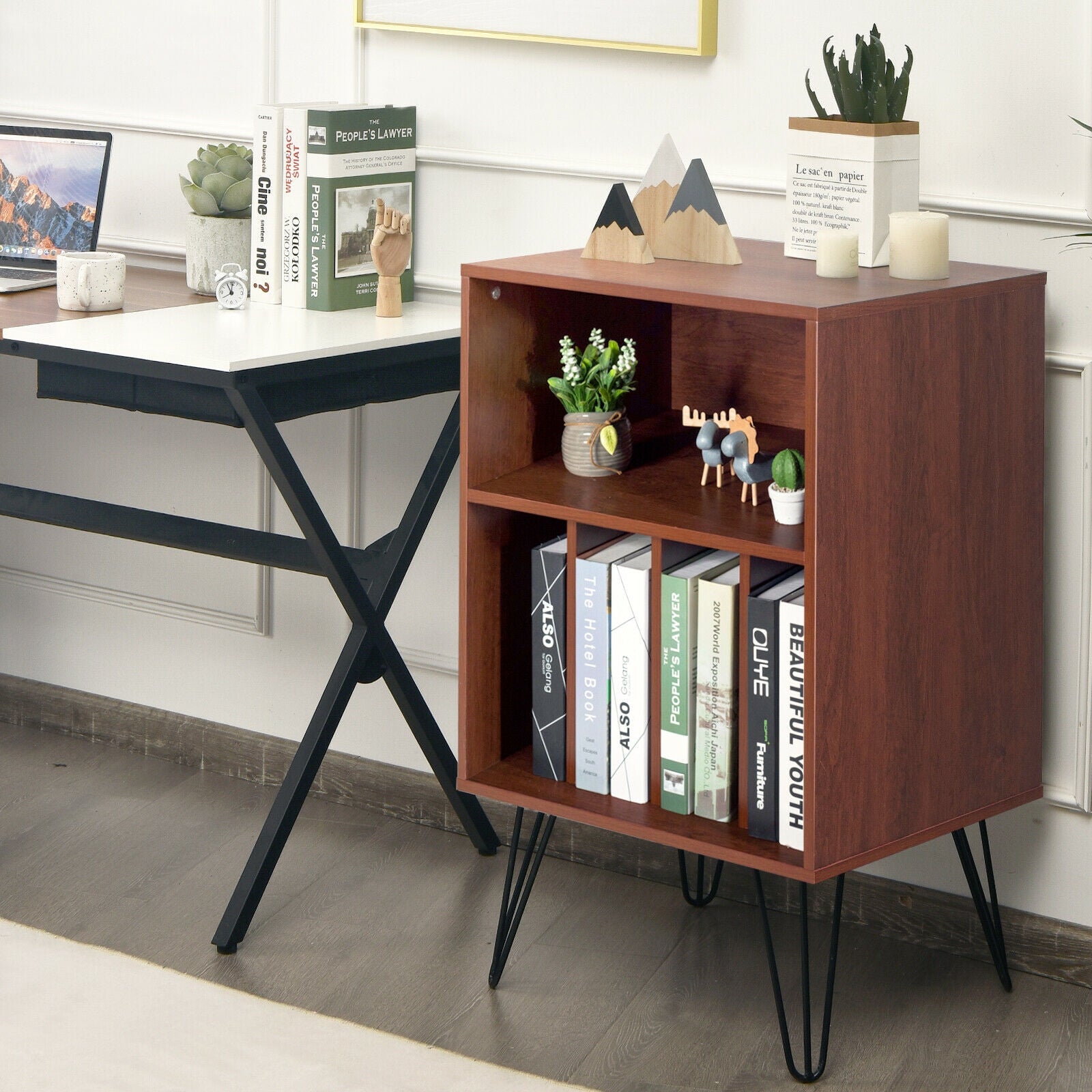 Freestanding Record Player Stand Record Storage Cabinet with Metal Legs-Coffee